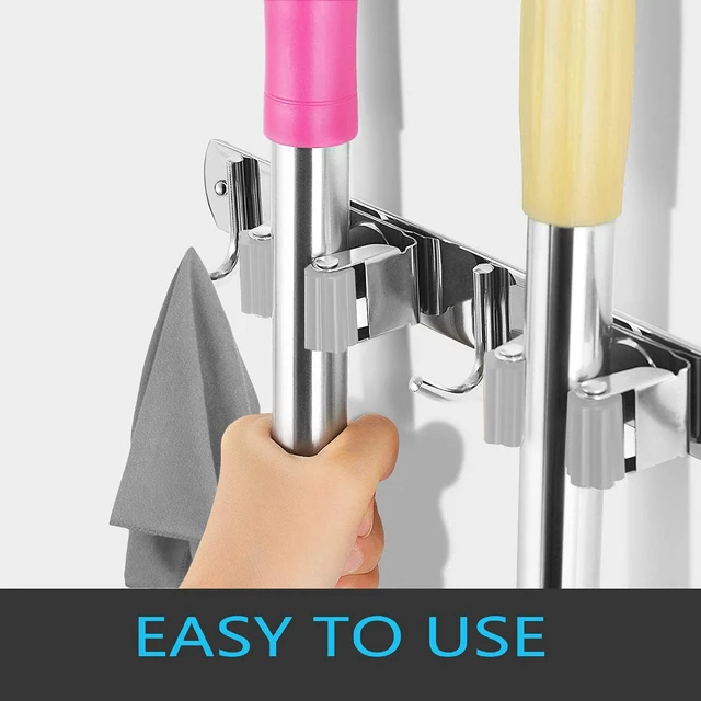 Alt view image 5 of 7 - Broom and Mop Holder Wall Mounted, Broom Hanger Storage Rack, Stainless Steel Mop Hanger, Dustpan Holders with 2 Racks and 3 Hooks, Heavy Duty utility hooks for hanging brooms and mops