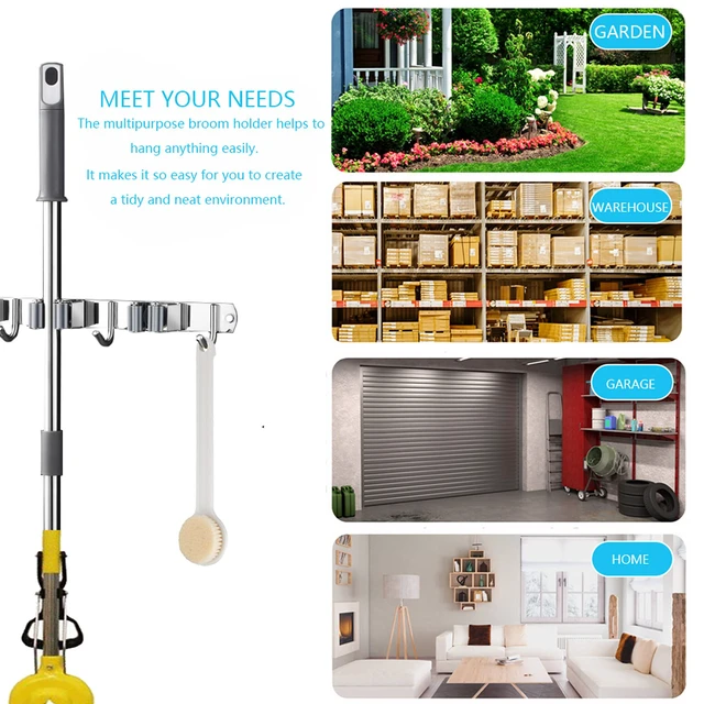 Alt view image 6 of 7 - Broom and Mop Holder Wall Mounted, Broom Hanger Storage Rack, Stainless Steel Mop Hanger, Dustpan Holders with 2 Racks and 3 Hooks, Heavy Duty utility hooks for hanging brooms and mops