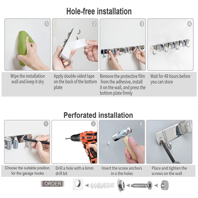 Alt view image 7 of 7 - Broom and Mop Holder Wall Mounted, Broom Hanger Storage Rack, Stainless Steel Mop Hanger, Dustpan Holders with 2 Racks and 3 Hooks, Heavy Duty utility hooks for hanging brooms and mops