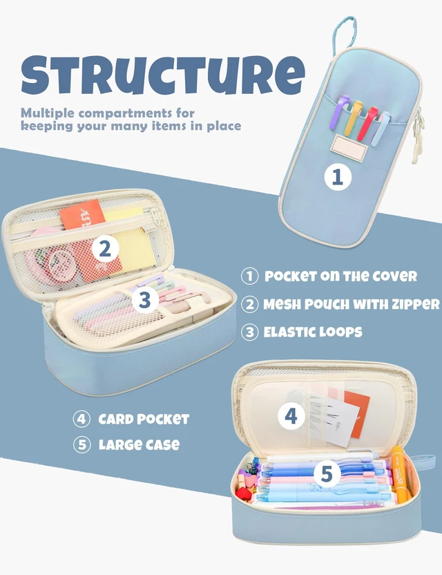 Alt view image 3 of 7 - Cute Pencil Case, Aesthetic Pen Pouch, Colored Large Pencil Bag with Zipper, Kawaii Stationery Storage and Organizer, School Supplies for Teen and Adult Girls, Blue