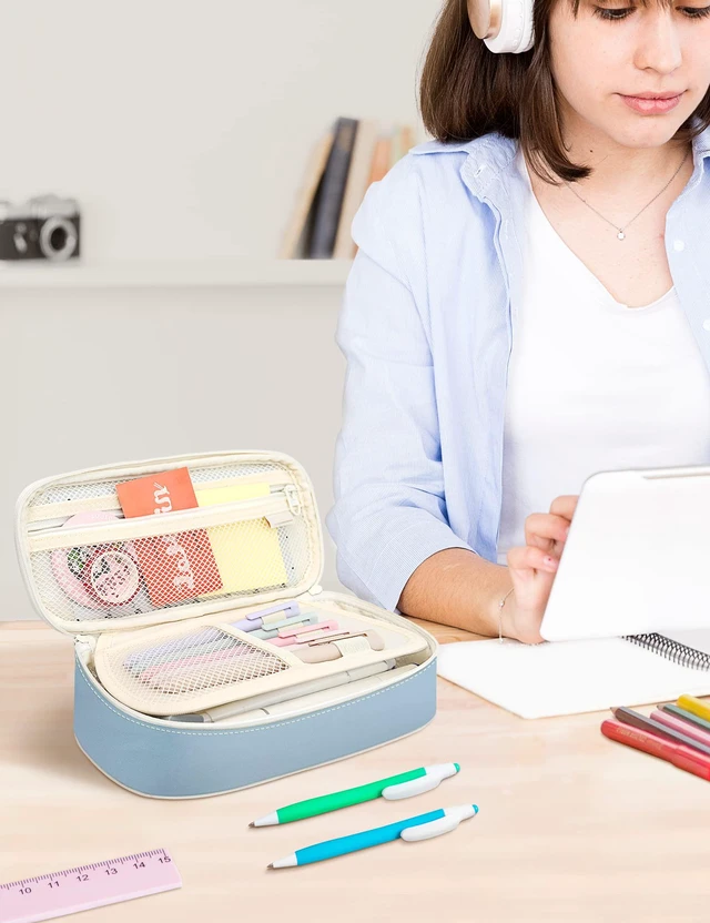 Alt view image 7 of 7 - Cute Pencil Case, Aesthetic Pen Pouch, Colored Large Pencil Bag with Zipper, Kawaii Stationery Storage and Organizer, School Supplies for Teen and Adult Girls, Blue