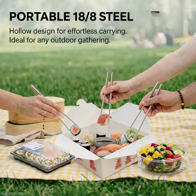 Alt view image 5 of 6 - Stainless Steel Chopsticks, 5 Pairs, Silver | Chopsticks Reusable for Daily Meals, Metal Chopsticks with a Hollow-Core Lightweight Design, Non-Slip Tips, Dishwasher Safe