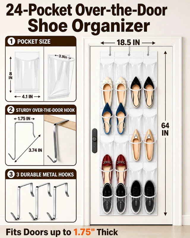 Alt view image 2 of 7 - Over-the-Door Shoe Organizer with 24 Crystal Clear Pockets, White | Waterproof Heavy-Duty Hanging Shoe Storage Rack with Metal Hooks for Closet, Space Saving for Accessories and Toys