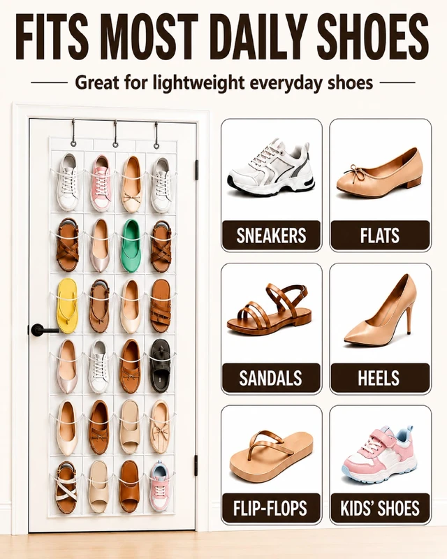 Alt view image 3 of 7 - Over-the-Door Shoe Organizer with 24 Crystal Clear Pockets, White | Waterproof Heavy-Duty Hanging Shoe Storage Rack with Metal Hooks for Closet, Space Saving for Accessories and Toys