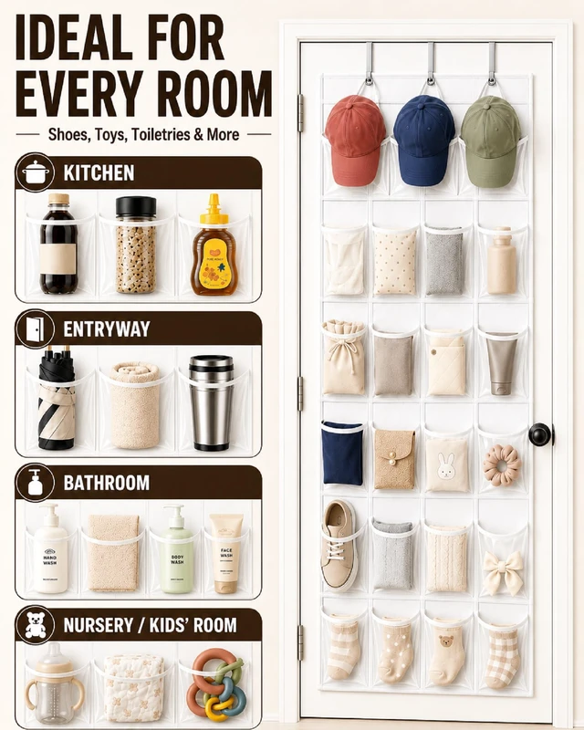 Alt view image 4 of 7 - Over-the-Door Shoe Organizer with 24 Crystal Clear Pockets, White | Waterproof Heavy-Duty Hanging Shoe Storage Rack with Metal Hooks for Closet, Space Saving for Accessories and Toys