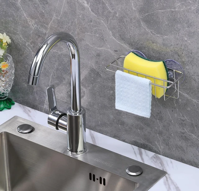 Alt view image 7 of 7 - Sink Caddy Sponge Holder for Kitchen Sink Dish Cloth Hanger 2 Suspension Options(Suction Cups and Adhesive Hook), SUS304 Stainless Steel, Silver