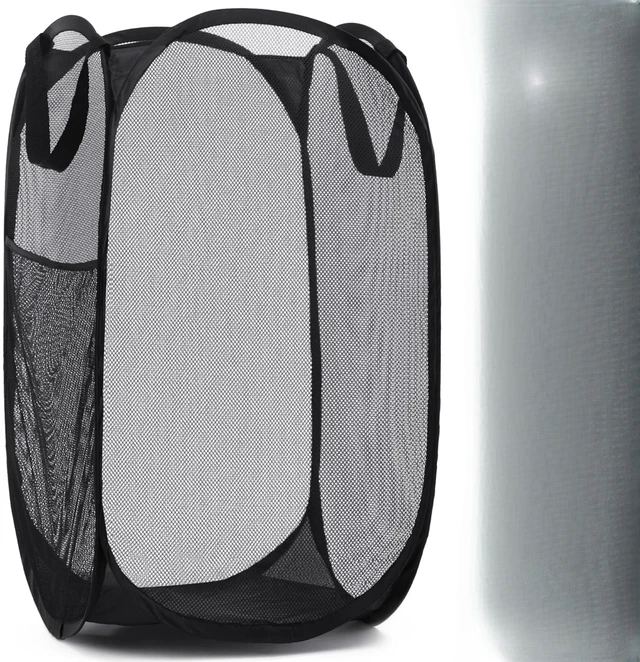 Main image of Collapsible Mesh Pop-Up Hamper with Side Pocket | Breathable mesh keeps clothes fresh; sturdy foldable build saves space. Wide opening makes loading easy. Available in black.