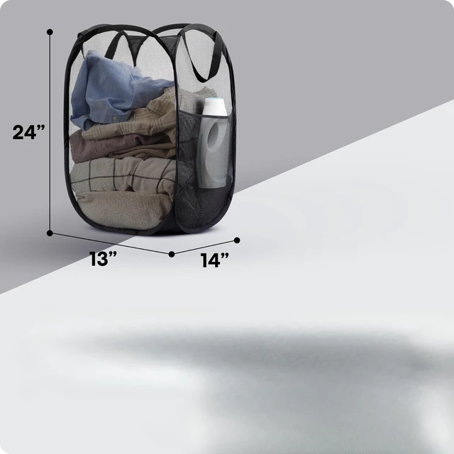 Alt view image 2 of 7 - Collapsible Mesh Pop-Up Hamper with Side Pocket | Breathable mesh keeps clothes fresh; sturdy foldable build saves space. Wide opening makes loading easy. Available in black.