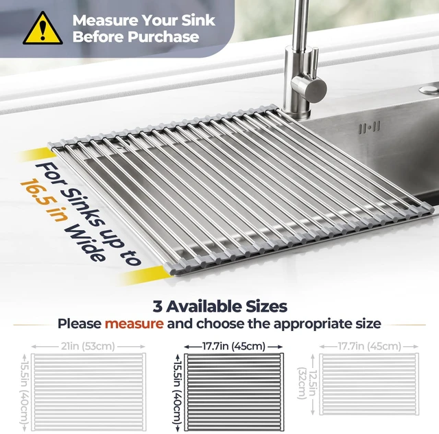 Alt view image 2 of 7 - Roll Up Dish Drying Rack Over Sink, 304 Steel, 17.7x15.5, Grey | Anti-Slip Silicone Rims For Grip, Heat-Resistant Trivet Mat Holding Heavy Cookware, Rustproof Kitchen Counter Space Saver