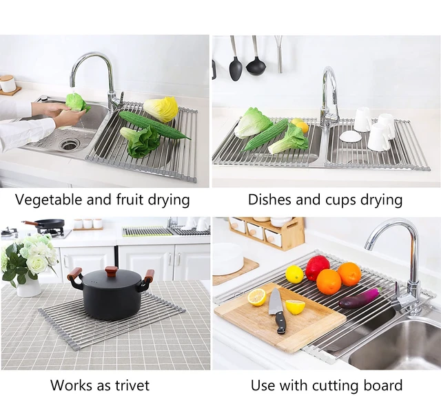 Alt view image 7 of 7 - Roll Up Dish Drying Rack Over Sink, 304 Steel, 17.7x15.5, Grey | Anti-Slip Silicone Rims For Grip, Heat-Resistant Trivet Mat Holding Heavy Cookware, Rustproof Kitchen Counter Space Saver