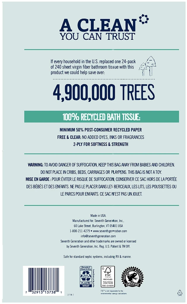 Alt view image 5 of 6 - Seventh Generation Bath Tissue, 2 Ply, Chlorine Free, 100% Recycled Paper, 4 Count (Pack of 1)
