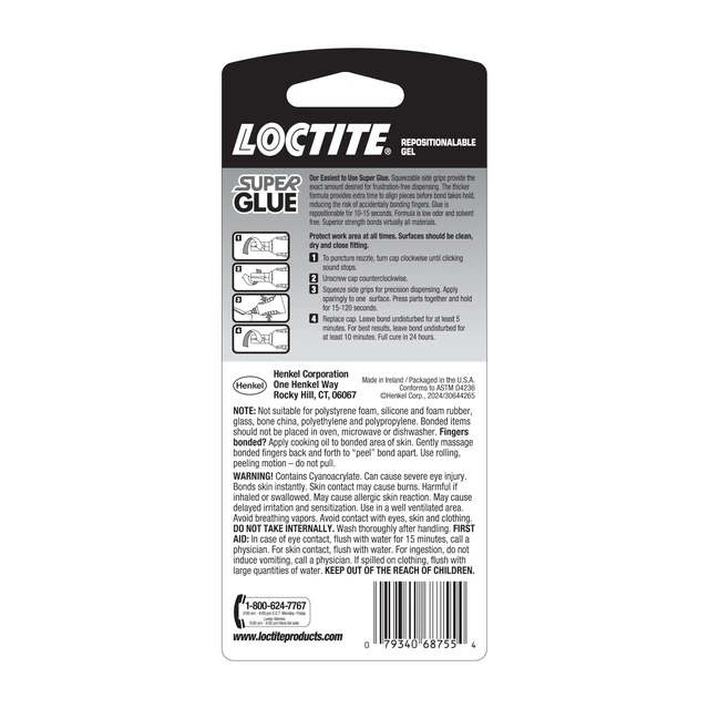 Alt view image 2 of 7 - Loctite Super Glue Repositionable Gel, Clear, 0.14fl oz, 2-Pack, Cyanoacrylate Adhesive for Plastic, Wood, Metal, Crafts & Repair