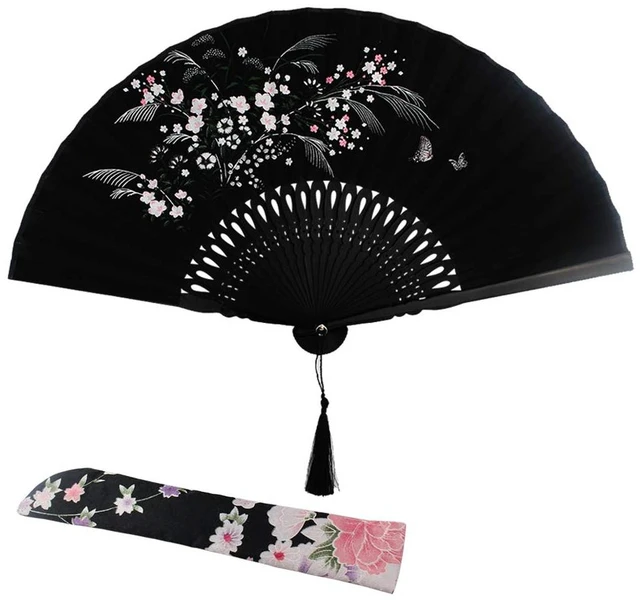 Main image of Wobe Black Linen Folding Hand Fan with Grassflowers Bamboo