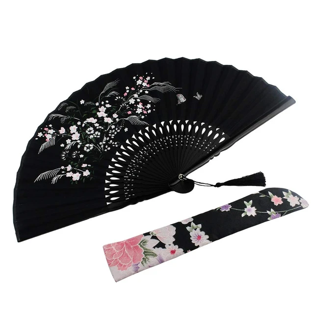 Alt view image 6 of 7 - Wobe Black Linen Folding Hand Fan with Grassflowers Bamboo
