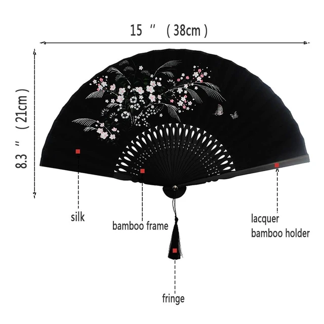 Alt view image 3 of 7 - Wobe Black Linen Folding Hand Fan with Grassflowers Bamboo