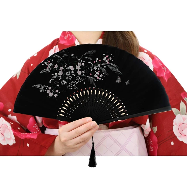 Alt view image 2 of 7 - Wobe Black Linen Folding Hand Fan with Grassflowers Bamboo