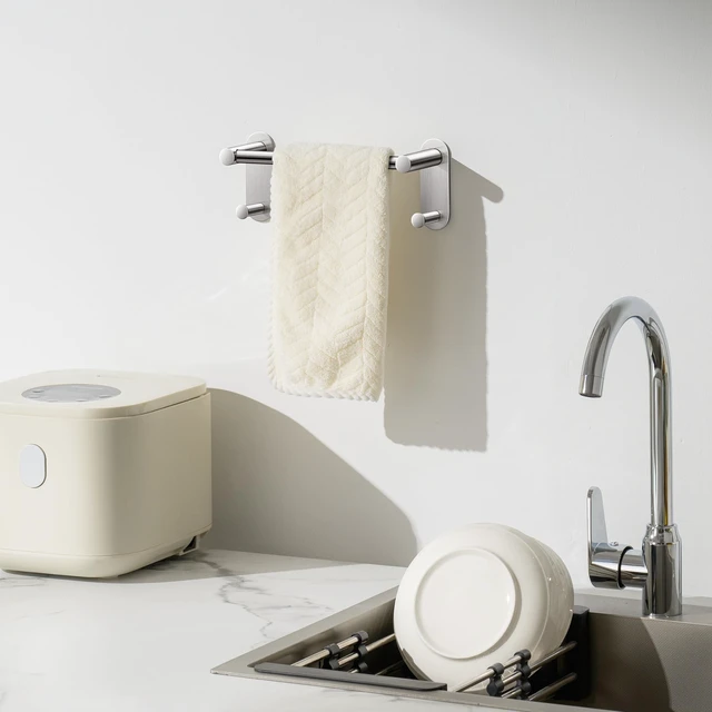 Alt view image 3 of 6 - 9Inch Adhesive Towel Bar with 2 Hooks, No Drill, Brushed Nickel