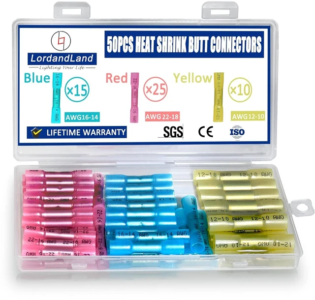 Main image of 50 Pcs Heat Shrink Butt Connectors Kit, Waterproof Insulated Crimp Terminals Butt Splice for Marine Automotive Motorcycle Truck Electrical