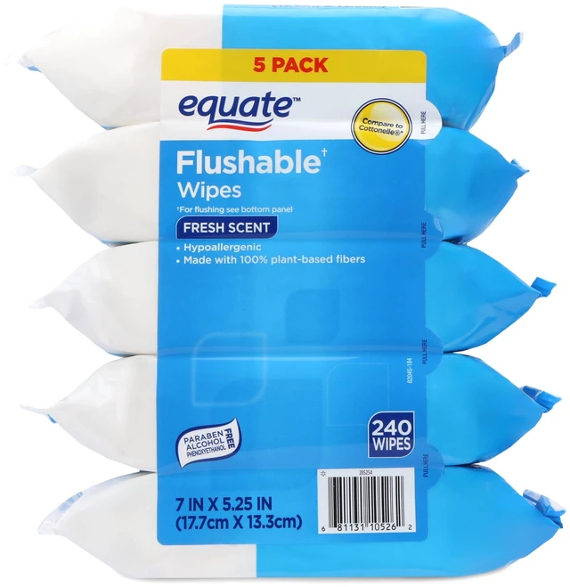Alt view image 5 of 5 - Equate Flushable Cleansing Cloths, Fresh Scent, 240 Wipes, 5 Resealable Packs