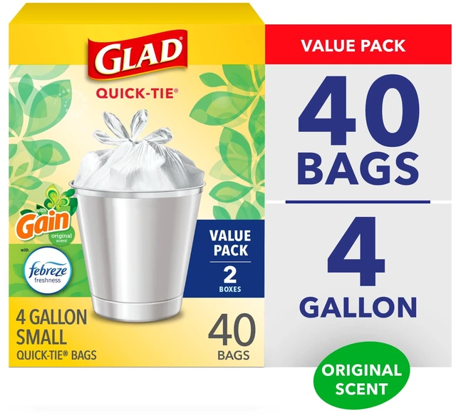 Main image of Glad Quick-Tie 4-Gallon Small Trash Bags with Gain Original Scent, 20 Bags (2 Pack)