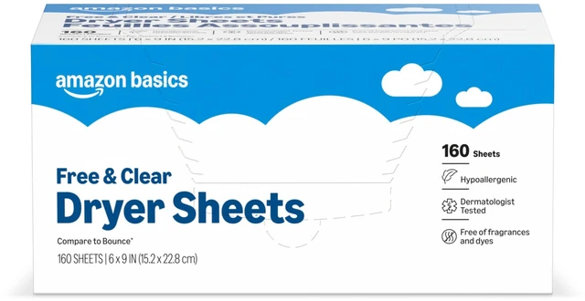 Main image of Amazon Basics Dryer Sheets Free & Clear Hypoallergenic Fragrance Free Fabric Softener, Dermatologist Tested, 160 Count
