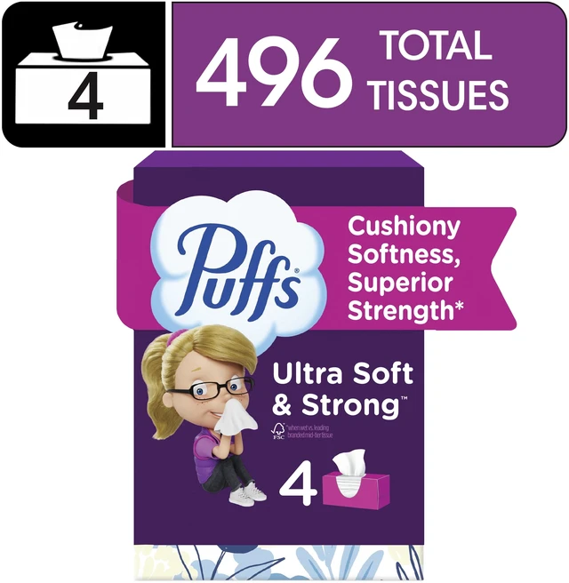 Main image of Puffs Ultra Soft Facial Tissues, 4 Family Size Boxes, 124 Tissues per Box
