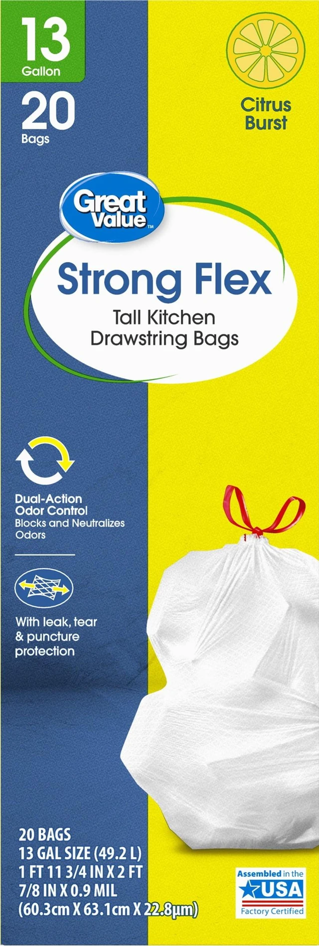 Alt view image 6 of 6 - 13-Gallon Strong Flex Drawstring Tall Kitchen Trash Bags, Great Value Citrus Burst, 20 Count