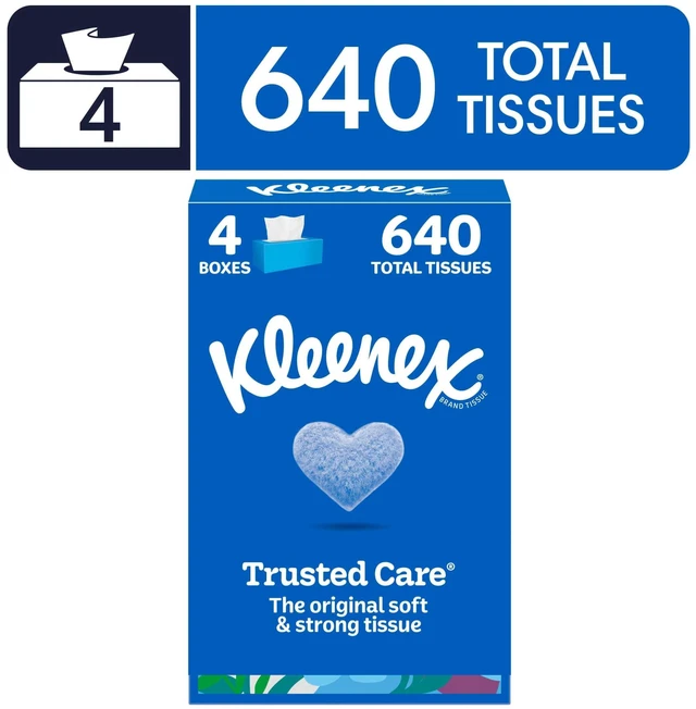Main image of Kleenex Trusted Care 2-Ply Flat Box Facial Tissues, 4 Pack (640 Tissues)