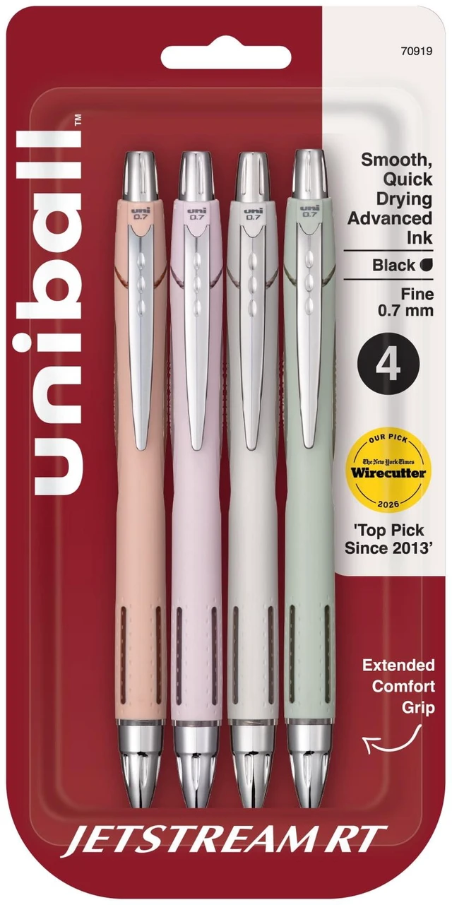 Main image of Uniball Jetstream RT Retractable Ballpoint Pen, Fine Point 0.7mm, Pastel Color Barrel, Black Ink, 4 Count