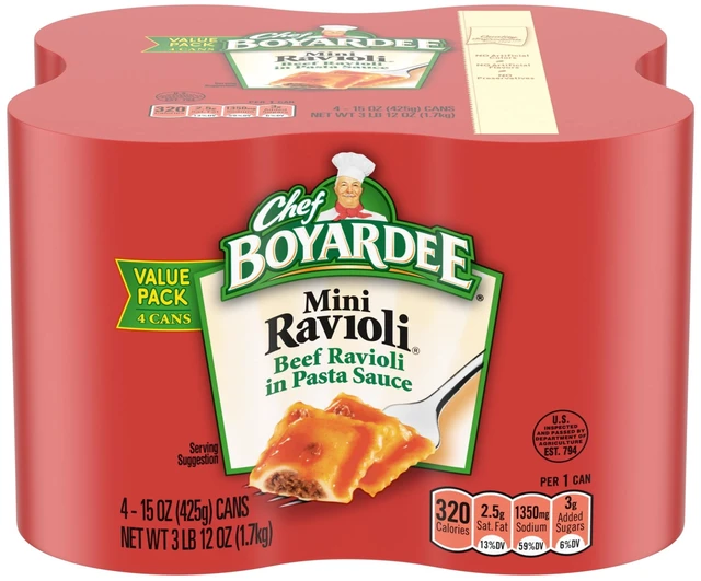 Main image of Chef Boyardee Mini Ravioli Beef in Pasta Sauce, Ready-to-Eat Meal, 15 oz Can (Pack of 4)