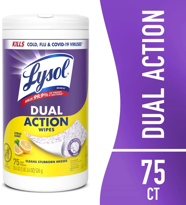 Main image of Lysol Dual Action Disinfectant Wipes, Multi-Surface Antibacterial Scrubbing, Citrus Scent, 75 Count