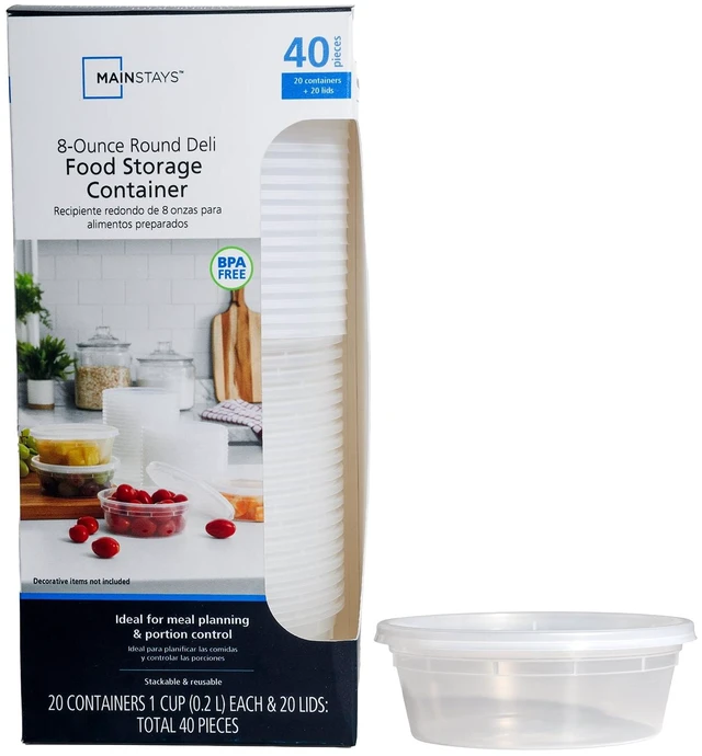 Main image of Mainstays 40-Piece 8 oz Plastic Deli Container Set, 20 Containers and 20 Lids