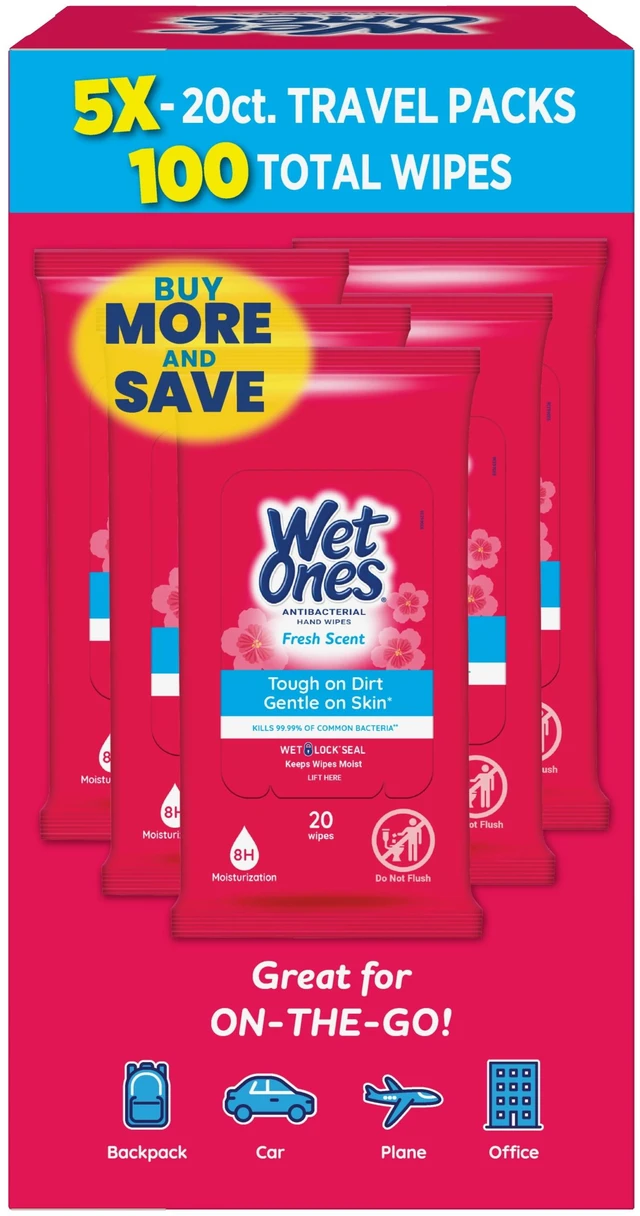 Alt view image 7 of 7 - Wet Ones Antibacterial Hand Wipes Fresh Scent, 20 Count (Pack of 5)