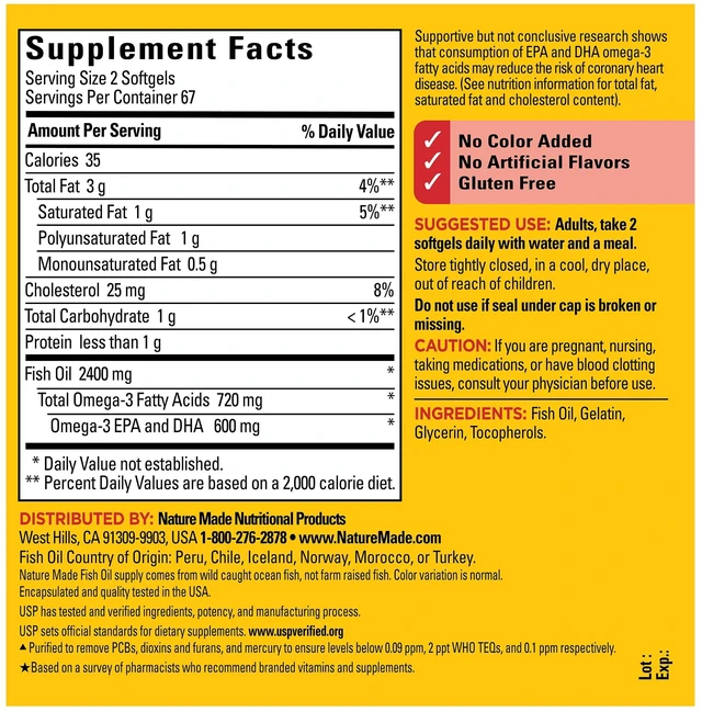Alt view image 3 of 6 - Nature Made Fish Oil 2400mg Per Serving Softgels, Omega-3, 134 Count