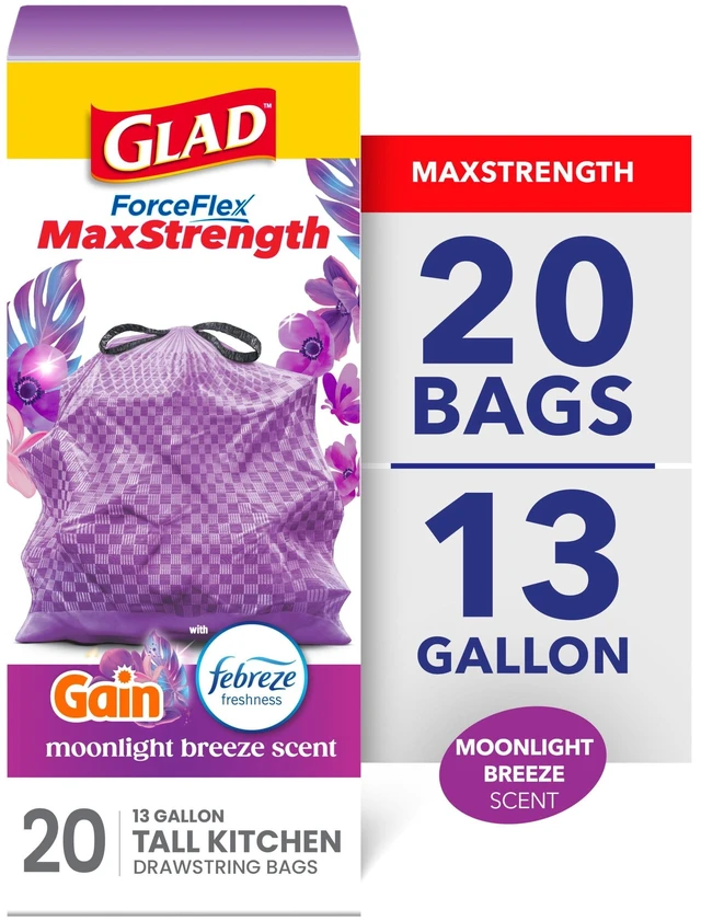 Main image of Glad ForceFlex MaxStrength 13-Gallon Tall Kitchen Drawstring Bags, Purple, Gain Moonlight Breeze Scent, 20 Bags