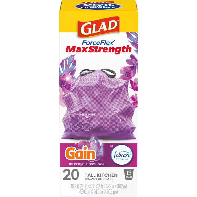 Alt view image 3 of 5 - Glad ForceFlex MaxStrength 13-Gallon Tall Kitchen Drawstring Bags, Purple, Gain Moonlight Breeze Scent, 20 Bags
