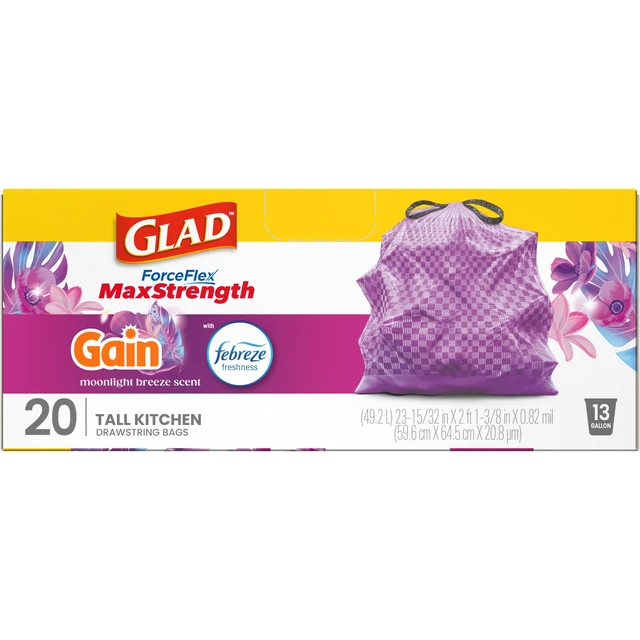 Alt view image 5 of 5 - Glad ForceFlex MaxStrength 13-Gallon Tall Kitchen Drawstring Bags, Purple, Gain Moonlight Breeze Scent, 20 Bags