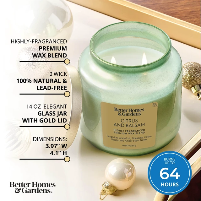 Alt view image 6 of 6 - Better Homes & Gardens 14oz Citrus & Balsam 2-Wick Glass Jar Candle