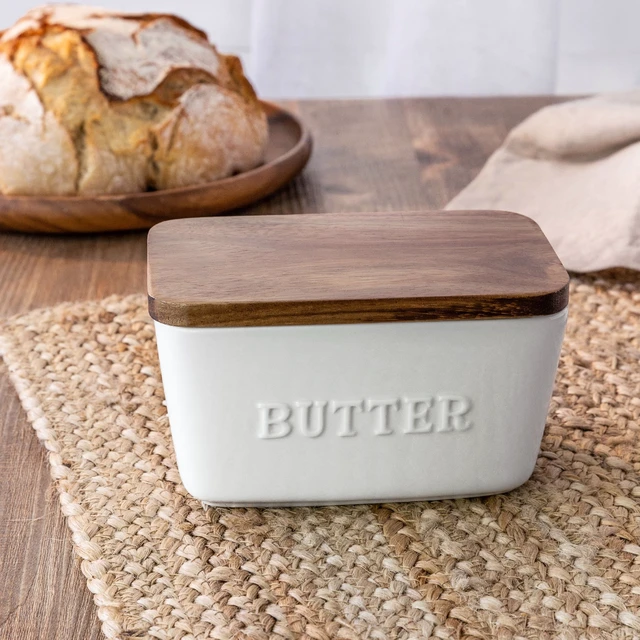 Alt view image 3 of 4 - Better Homes & Gardens White Acacia Wood Porcelain Embossed Butter Dish