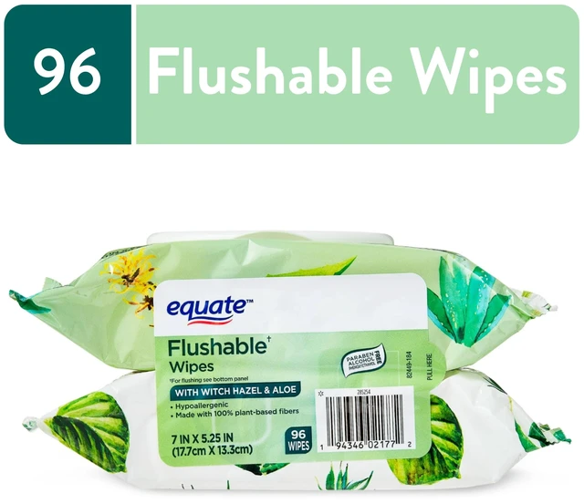 Main image of Equate Flushable Wet Wipes Witch Hazel & Aloe, 96 Wipes, 2 Pack