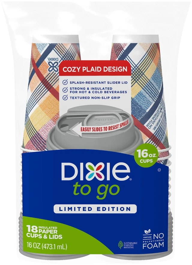 Alt view image 4 of 6 - Dixie To Go 16 oz Disposable Paper Cups with Slider Lid, Cozy Plaid, 18 Count