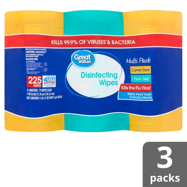 Alt view image 2 of 6 - Great Value Disinfecting Wipes, Lemon and Fresh Scent, 225 Count, 3 Pack