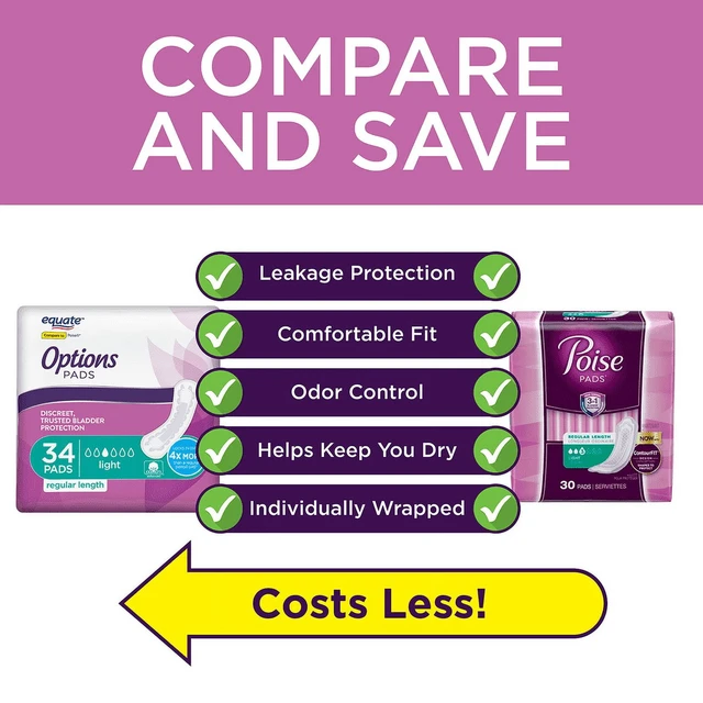 Alt view image 3 of 6 - Equate Options Women's Incontinence Pads Size 3, Light Absorbency, Regular Length, 34 Count