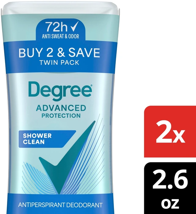 Alt view image 5 of 5 - Degree Advanced Antiperspirant Deodorant Shower Clean 72-Hour Sweat and Odor Protection, 2.6oz Twin Pack