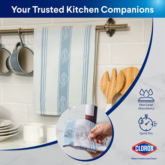 Alt view image 4 of 6 - Clorox Cotton Kitchen Towel 2 Pack, 15"x25", Blue, for Cooking, Drying Dishes, Cleaning