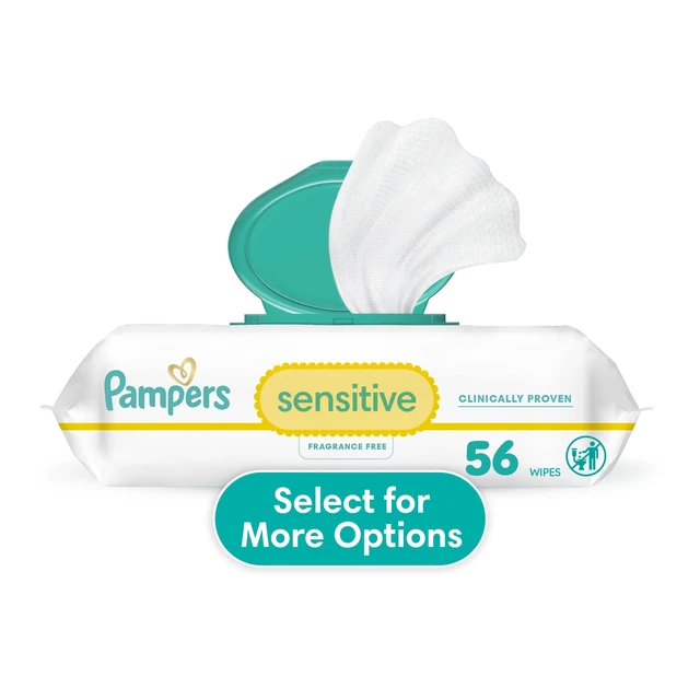 Alt view image 4 of 6 - Pampers Sensitive Baby Wipes, 2-Pack, 56 Total Wipes, Clinically Proven, Fragrance Free, Unscented, Hypoallergenic, Water Based, Flip-Top Packs
