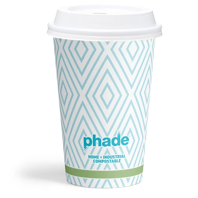 Alt view image 2 of 7 - Phade 16 oz Compostable Paper Hot Cups with Lids, 20 Count, Blue Diamond Design