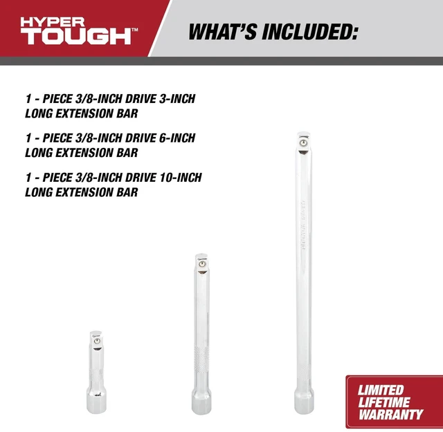 Alt view image 3 of 6 - Hyper Tough 3/8-inch Socket Extension Set, 3, 6, and 10-inch