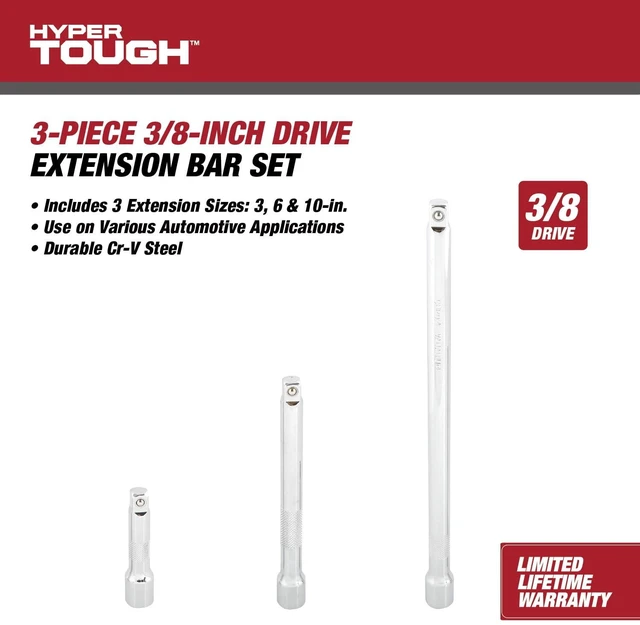 Alt view image 5 of 6 - Hyper Tough 3/8-inch Socket Extension Set, 3, 6, and 10-inch