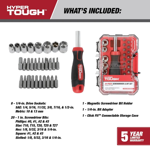 Alt view image 5 of 6 - Hyper Tough 30-Piece Screwdriver Handle and Bit Set in Click Fit Case